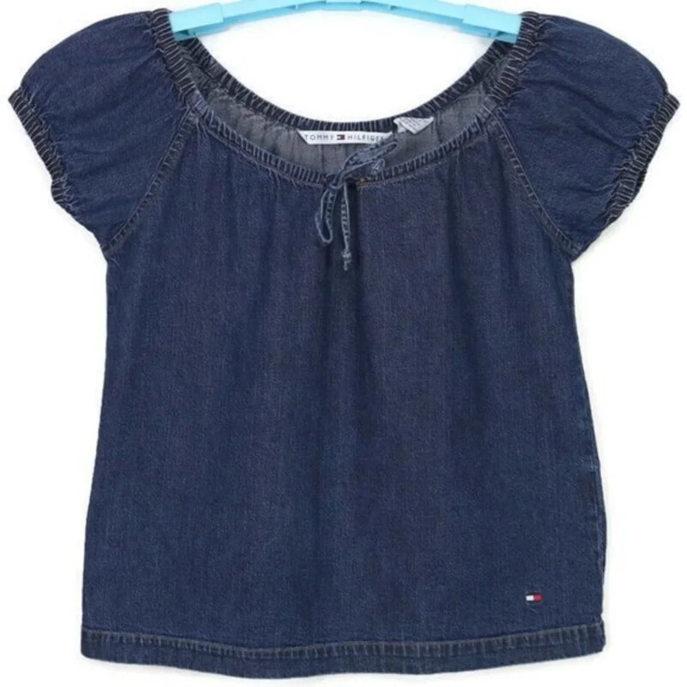 Vintage Tommy Hilfiger Denim Jean Shirt Top Blouse Blue Short Sleeve‎ 4